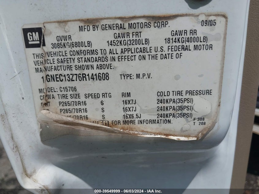 2006 Chevrolet Tahoe Ls VIN: 1GNEC13Z76R141608 Lot: 39549999