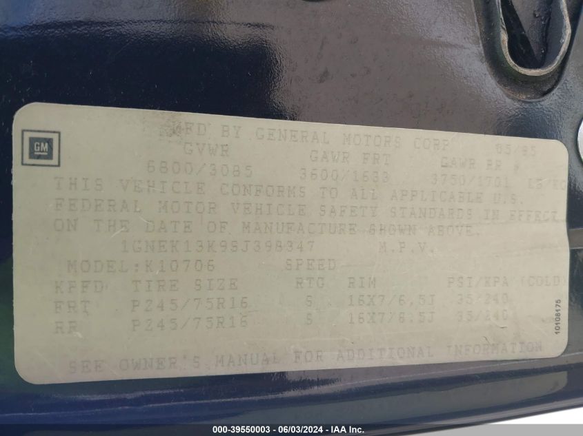 1995 Chevrolet Tahoe K1500 VIN: 1GNEK13K9SJ398347 Lot: 39550003