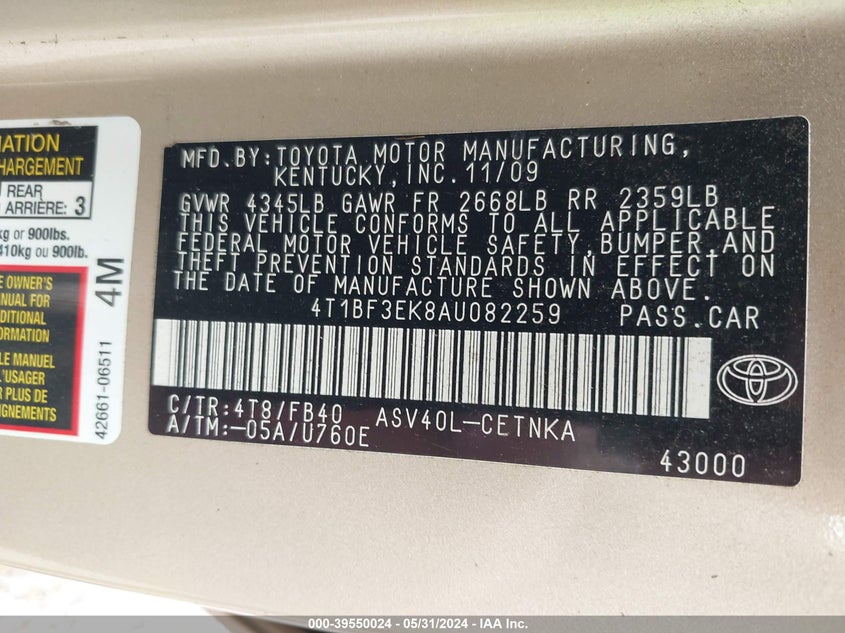 2010 Toyota Camry Base (Retail Orders Only) (A5) VIN: 4T1BF3EK8AU082259 Lot: 39550024