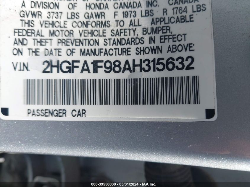 2010 Honda Civic Ex-L VIN: 2HGFA1F98AH315632 Lot: 39550030