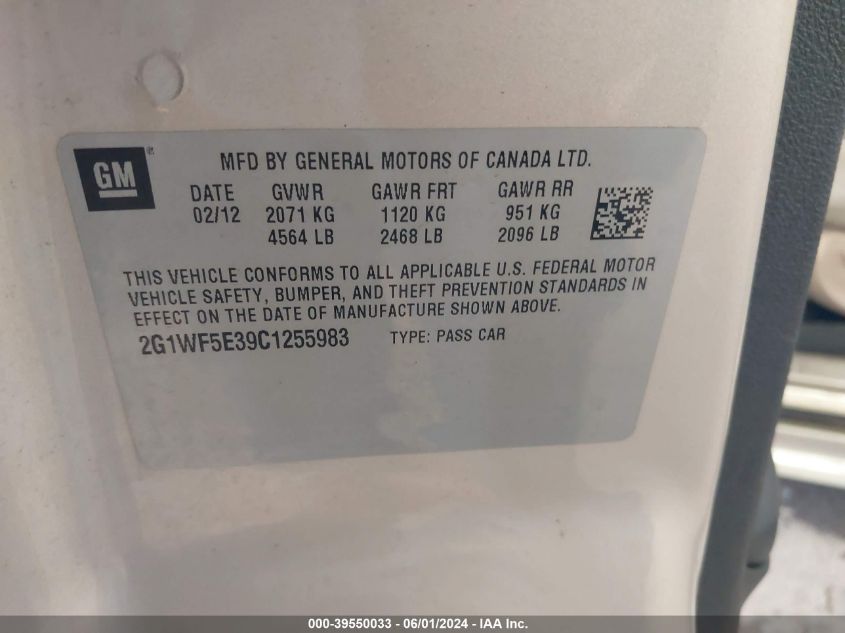 2012 Chevrolet Impala Ls VIN: 2G1WF5E31C1255783 Lot: 39550033