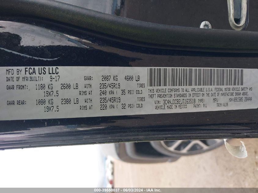 2018 Jeep Compass Limited 4X4 VIN: 3C4NJDCB2JT163518 Lot: 39550037