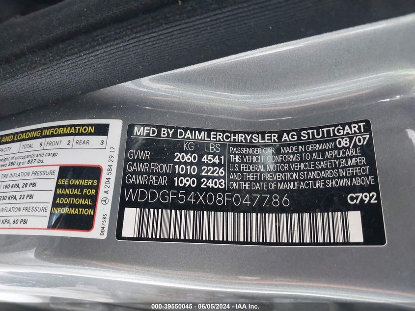 2008 Mercedes-Benz C 300 Luxury/Sport VIN: WDDGF54X08F047786 Lot: 39550045