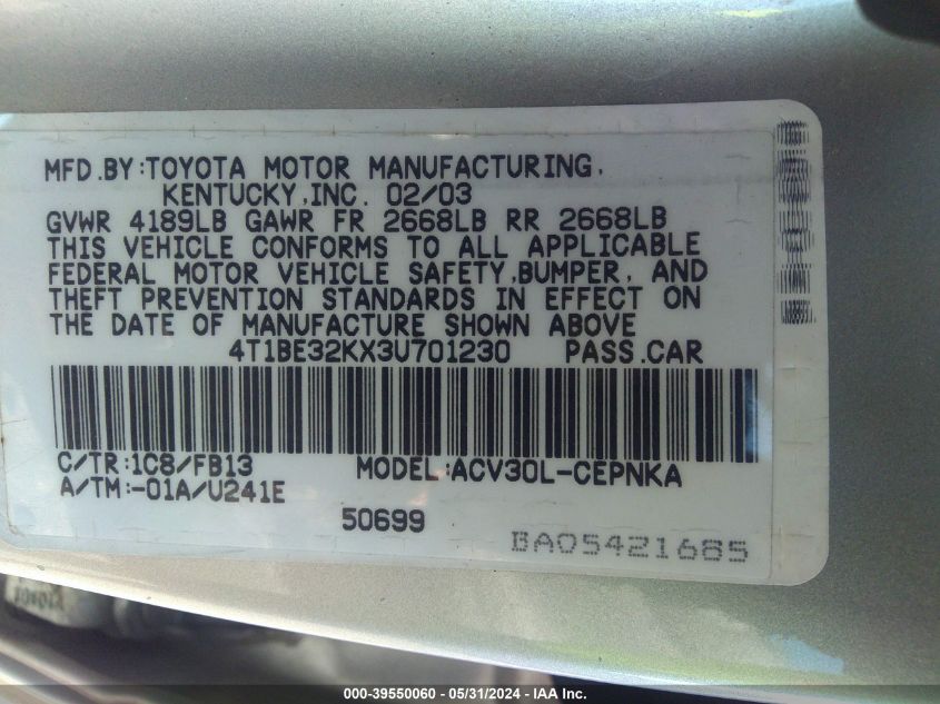 2003 Toyota Camry Le VIN: 4T1BE32KX3U701230 Lot: 39550060