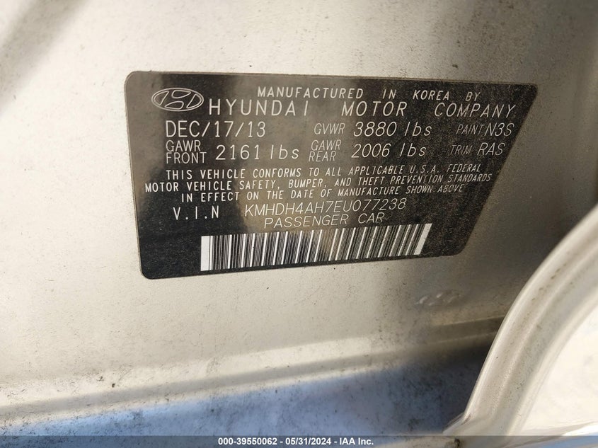 2014 Hyundai Elantra Sport VIN: KMHDH4AH7EU077238 Lot: 39550062