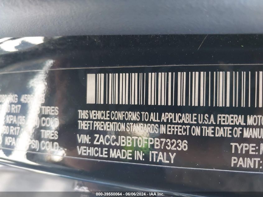 2015 Jeep Renegade Latitude VIN: ZACCJBBT0FPB73236 Lot: 39550064