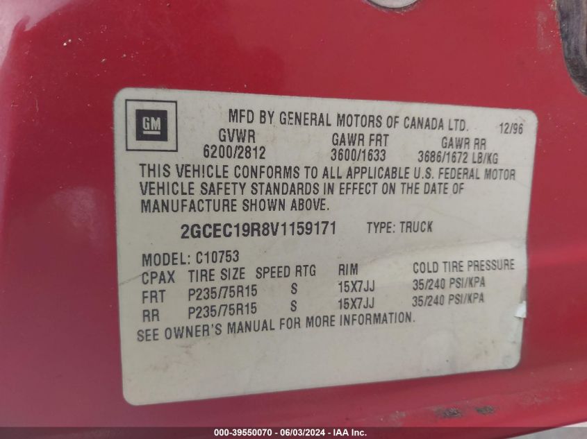 1997 Chevrolet C1500 Fleetside VIN: 2GCEC19R8V1159171 Lot: 39550070