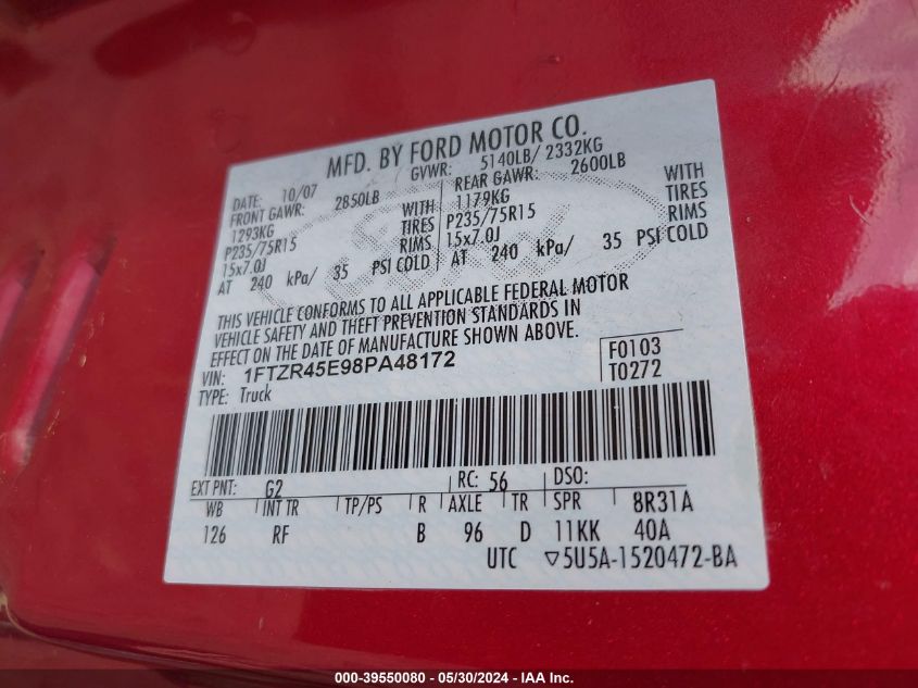 2008 Ford Ranger Fx4 Off-Road/Sport/Xlt VIN: 1FTZR45E98PA48172 Lot: 39550080