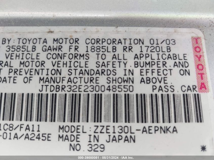 2003 Toyota Corolla Ce/Le VIN: JTDBR32E230048550 Lot: 39550081
