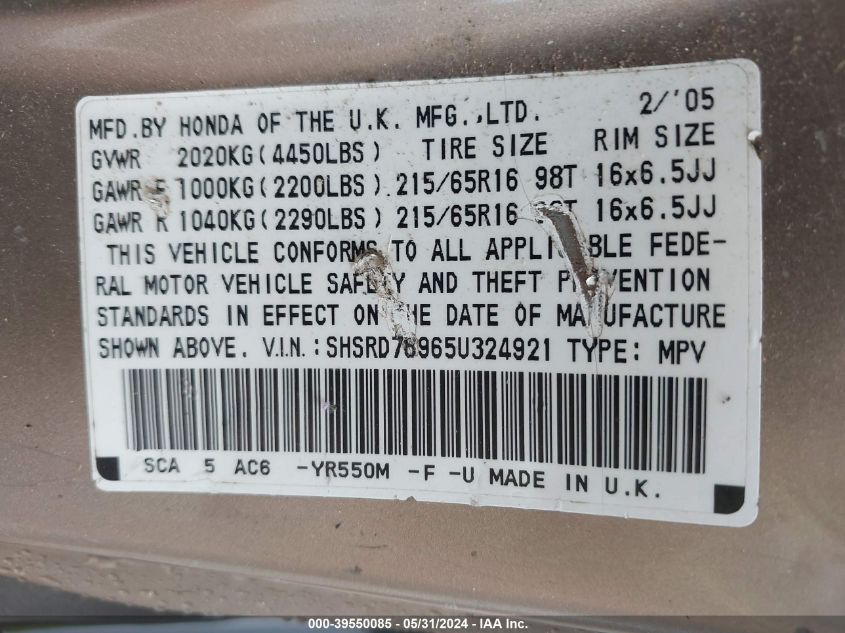 2005 Honda Cr-V Se/Ex VIN: SHSRD78965U324921 Lot: 39550085