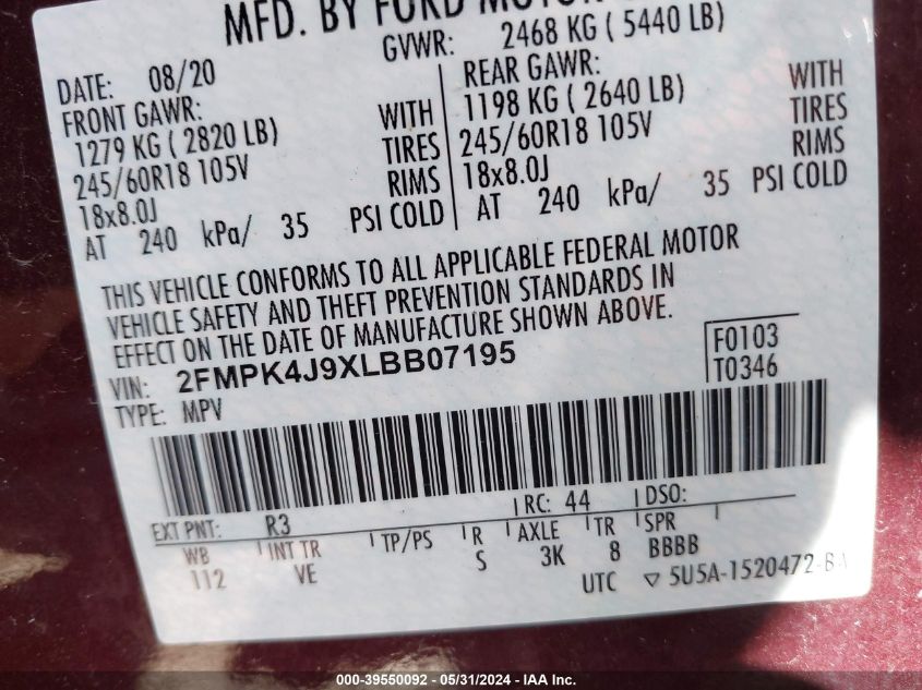 2020 FORD EDGE SEL - 2FMPK4J9XLBB07195