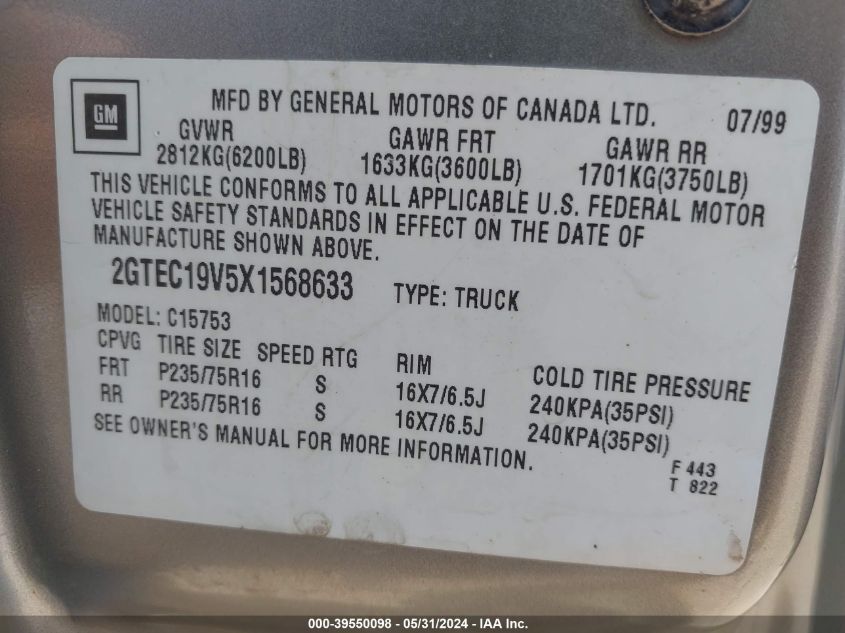 1999 GMC Sierra 1500 Sle VIN: 2GTEC19V5X1568633 Lot: 39550098