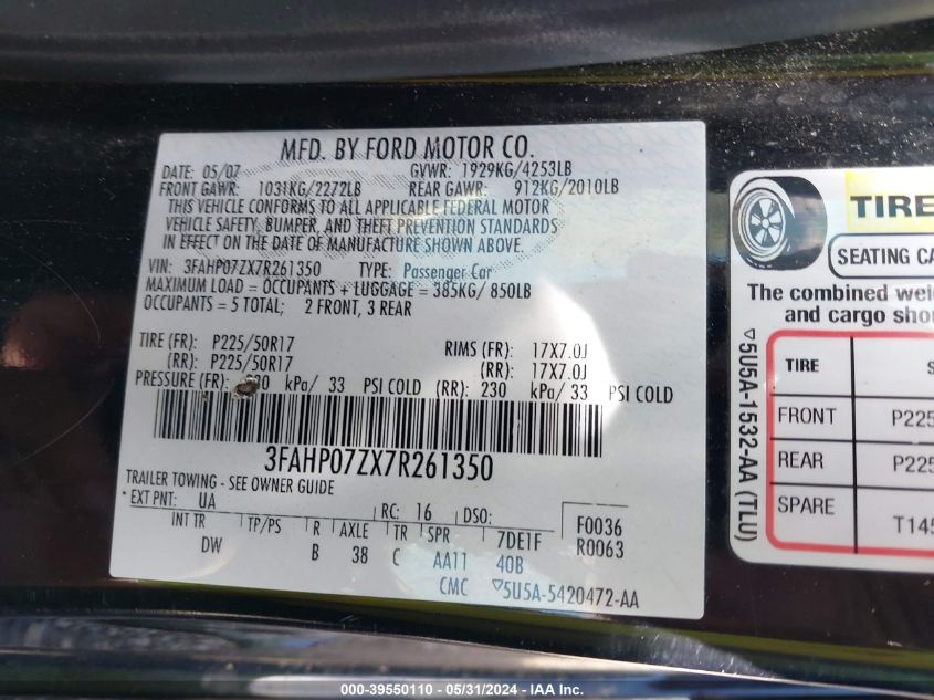 2007 Ford Fusion Se VIN: 3FAHP07ZX7R261350 Lot: 39550110