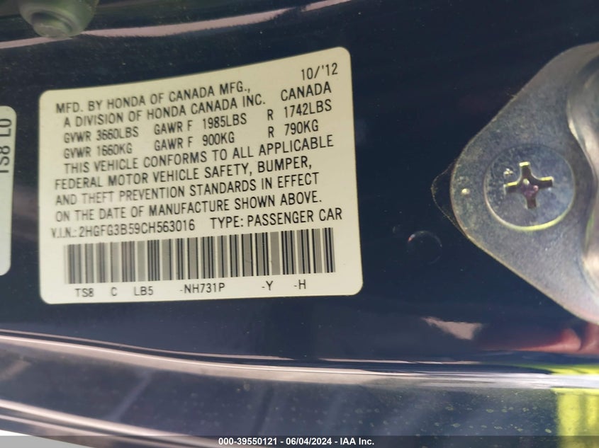 2012 Honda Civic Lx VIN: 2HGFG3B59CH563016 Lot: 39550121