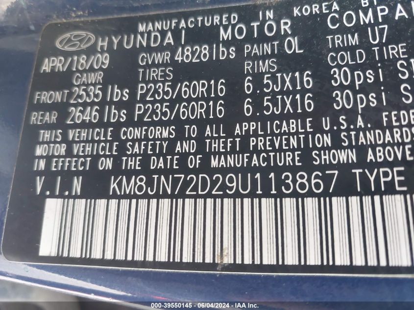 2009 Hyundai Tucson Se VIN: KM8JN72D29U113867 Lot: 39550145