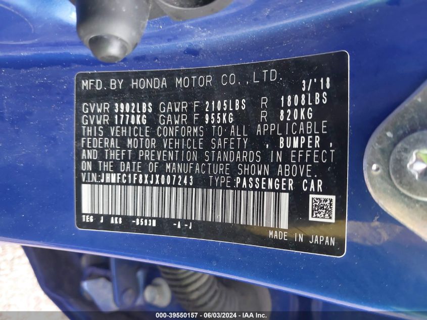 2018 Honda Civic Ex-L VIN: JHMFC1F8XJX007243 Lot: 39550157