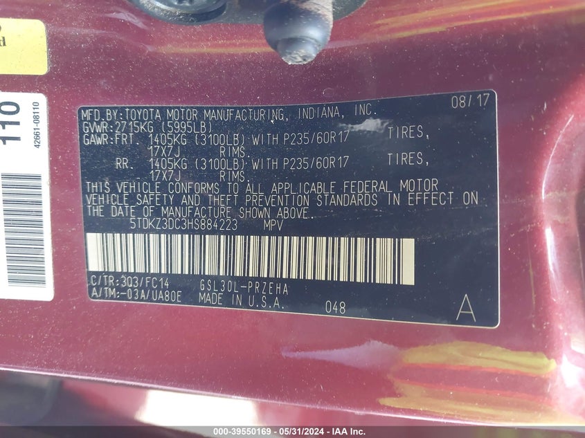 2017 Toyota Sienna Le 8 Passenger VIN: 5TDKZ3DC3HS884223 Lot: 39550169