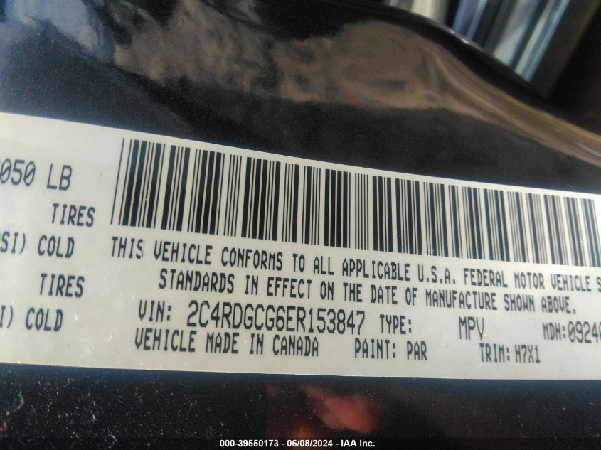 2014 Dodge Grand Caravan Sxt VIN: 2C4RDGCG6ER153847 Lot: 39550173