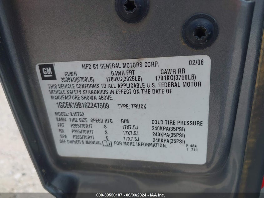 2006 Chevrolet Silverado 1500 Lt1 VIN: 1GCEK19B16Z247509 Lot: 39550187