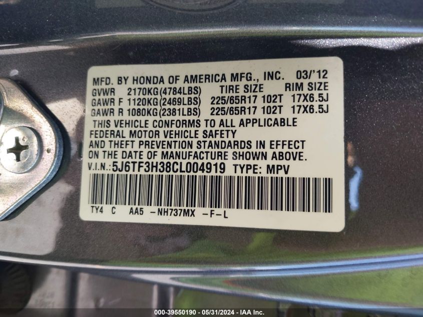 2012 Honda Crosstour 2.4 Ex VIN: 5J6TF3H38CL004919 Lot: 39550190
