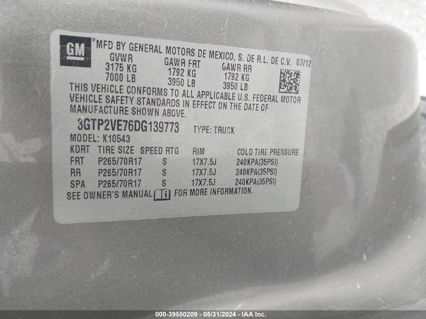 2013 GMC Sierra 1500 Sle VIN: 3GTP2VE76DG139773 Lot: 39550209