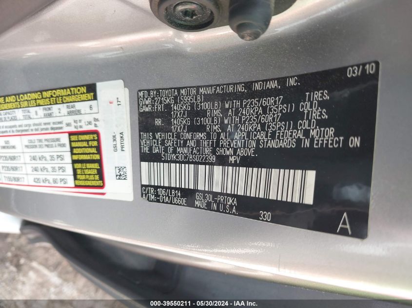 2011 Toyota Sienna Xle V6 VIN: 5TDYK3DC7BS022399 Lot: 39550211