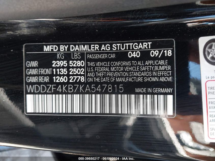 2019 Mercedes-Benz E 300 4Matic VIN: WDDZF4KB7KA547815 Lot: 39550217