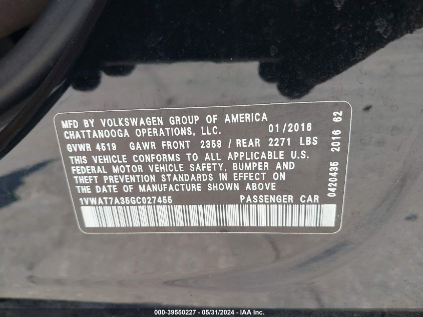 2016 Volkswagen Passat 1.8T S VIN: 1VWAT7A35GC027455 Lot: 39550227