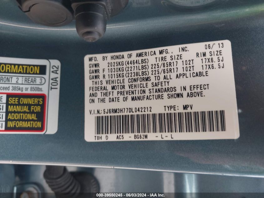 2013 Honda Cr-V Ex-L VIN: 5J6RM3H77DL042212 Lot: 39550245