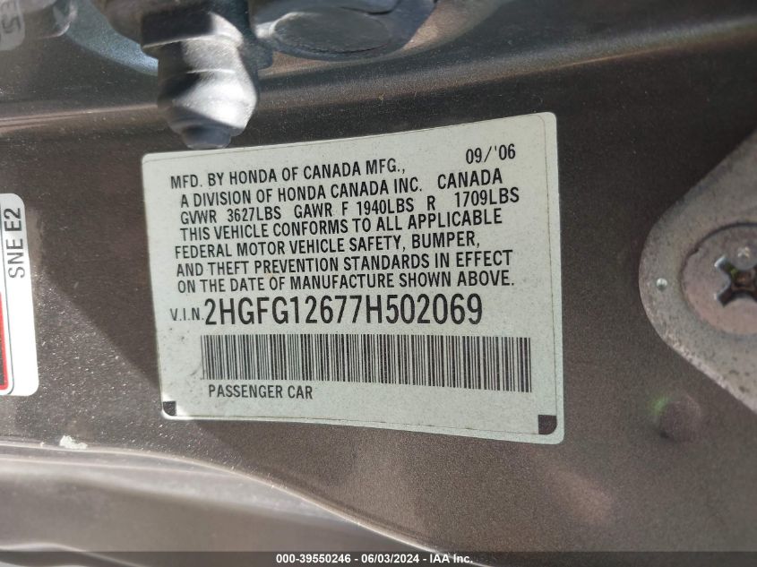 2007 Honda Civic Lx VIN: 2HGFG12677H502069 Lot: 39550246