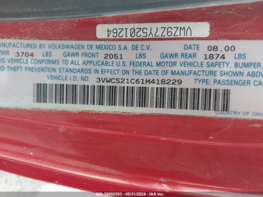 2001 Volkswagen New Beetle Gls VIN: 3VWCS21C61M418229 Lot: 39550253