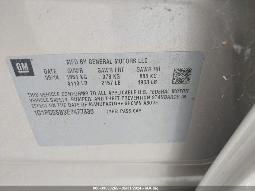 2014 Chevrolet Cruze 1Lt Auto VIN: 1G1PC5SB3E7477336 Lot: 39550265