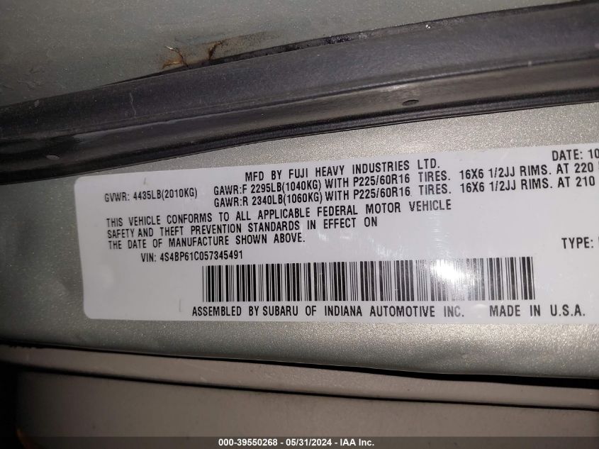 2005 Subaru Outback 2.5I VIN: 4S4BP61C057345491 Lot: 39550268