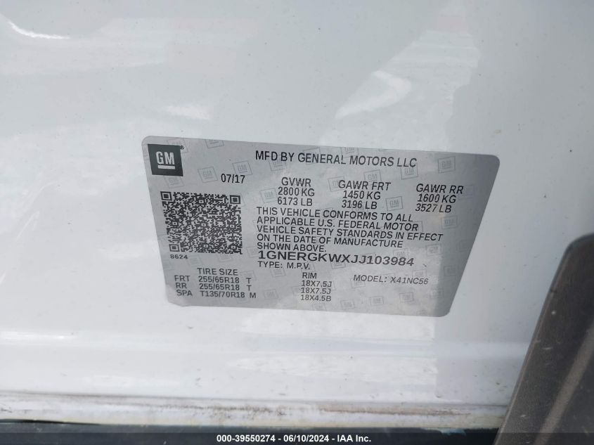 2018 Chevrolet Traverse 1Lt VIN: 1GNERGKWXJJ103984 Lot: 39550274