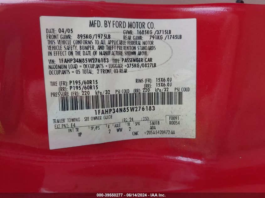 2005 Ford Focus Zx4 VIN: 1FAHP34N85W276183 Lot: 39550277