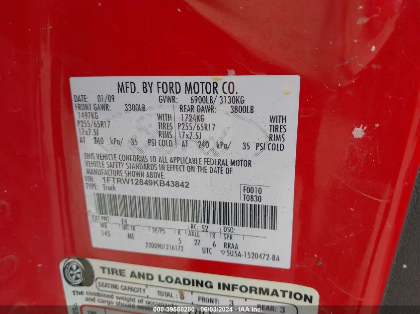 2009 Ford F-150 Xl/Xlt VIN: 1FTRW12849KB43842 Lot: 39550280