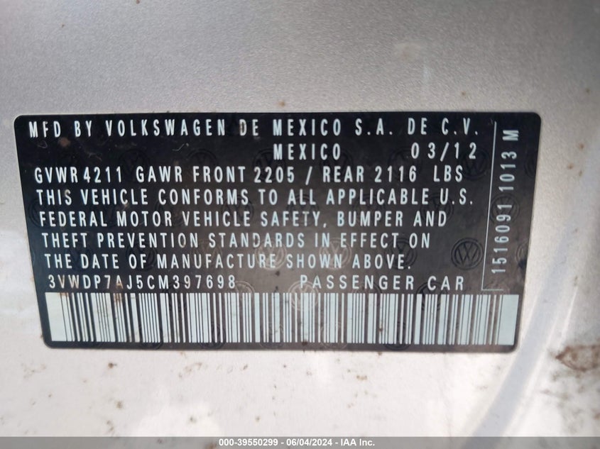 2012 Volkswagen Jetta 2.5L Se VIN: 3VWDP7AJ5CM397698 Lot: 39550299