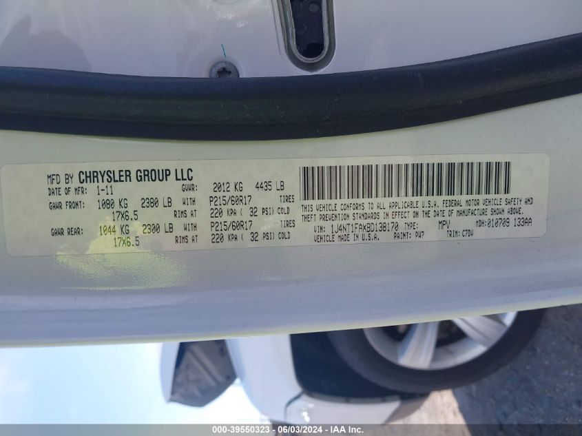 2011 Jeep Compass VIN: 1J4NT1FAXBD138170 Lot: 39550323