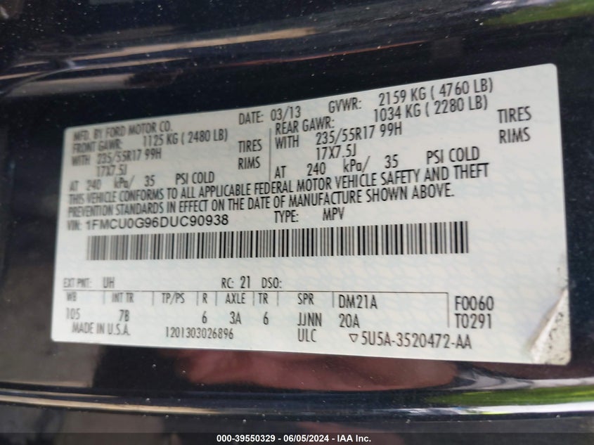 2013 Ford Escape Se VIN: 1FMCU0G96DUC90938 Lot: 39550329