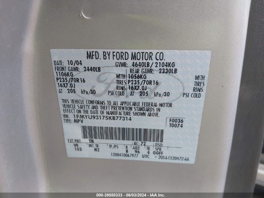 2005 Ford Escape Xlt VIN: 1FMYU93175KB77314 Lot: 39550333