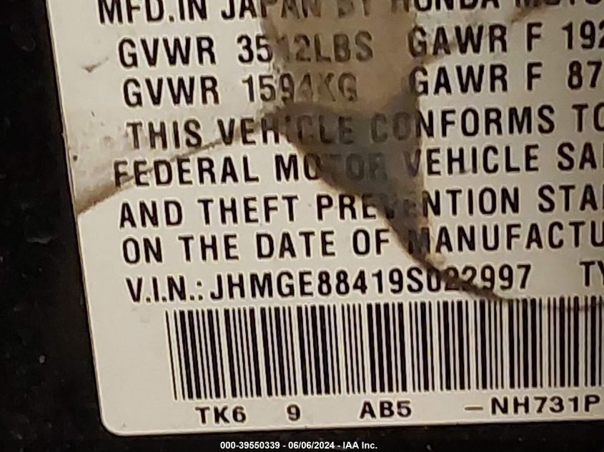 2009 Honda Fit Sport VIN: JHMGE88419S022997 Lot: 39550339