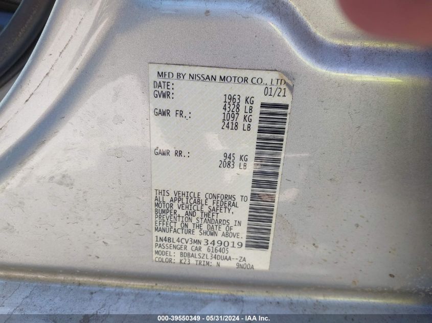 2021 Nissan Altima Sr Fwd VIN: 1N4BL4CV3MN349019 Lot: 39550349