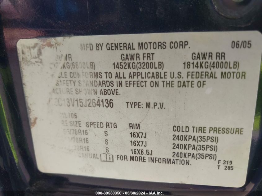 2005 Chevrolet Tahoe Ls VIN: 1GNEC13V15J264136 Lot: 39550350