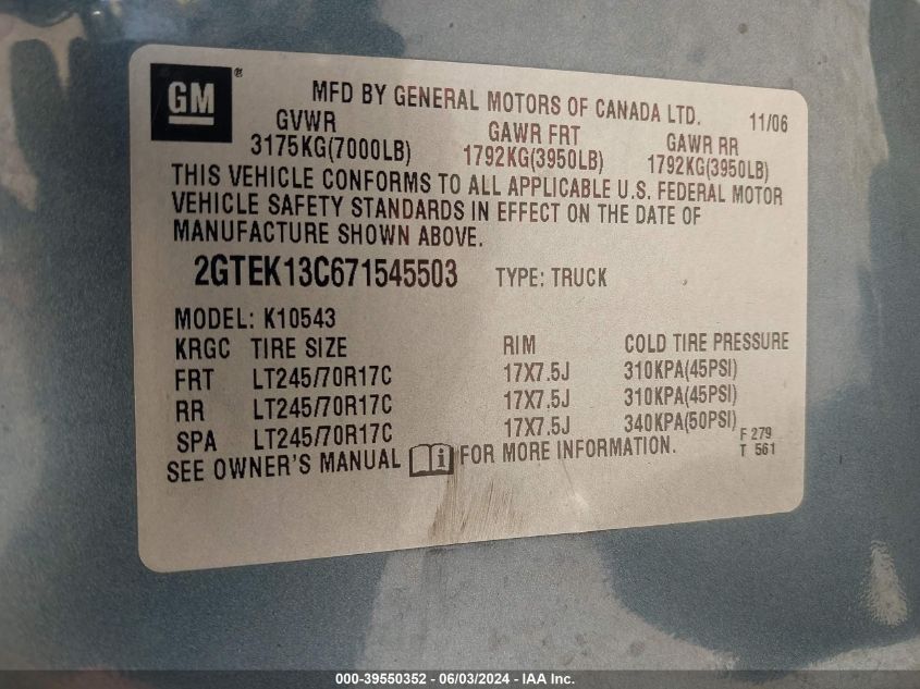 2007 GMC Sierra 1500 Sle1 VIN: 2GTEK13C671545503 Lot: 39550352