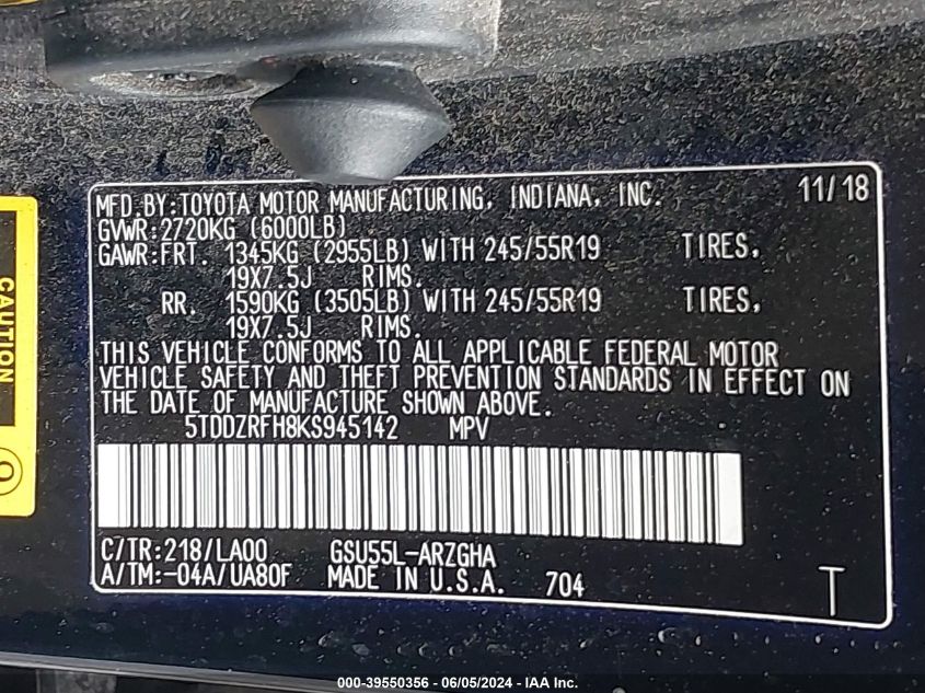 2019 Toyota Highlander Limited Platinum VIN: 5TDDZRFH8KS945142 Lot: 39550356