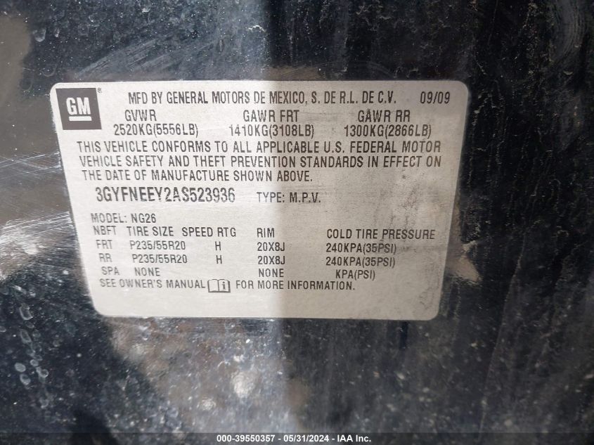 2010 Cadillac Srx Performance Collection VIN: 3GYFNEEY2AS523936 Lot: 39550357