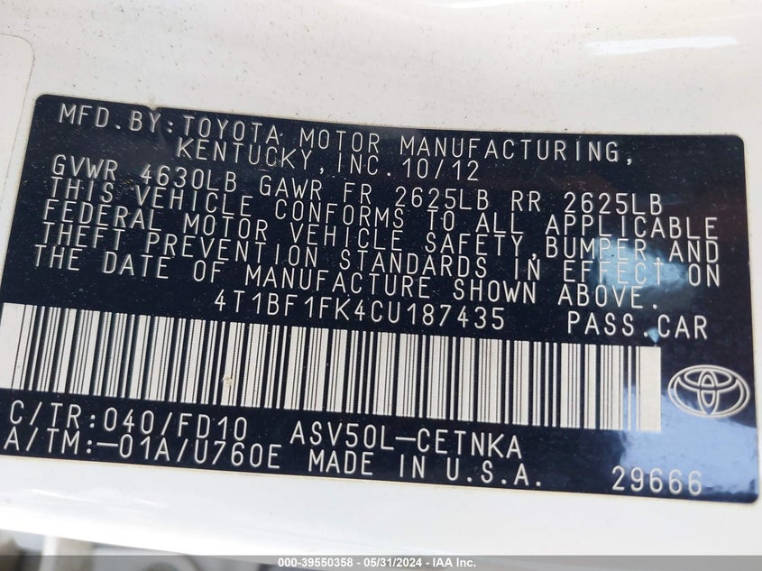 2012 Toyota Camry Le VIN: 4T1BF1FK4CU187435 Lot: 39550358