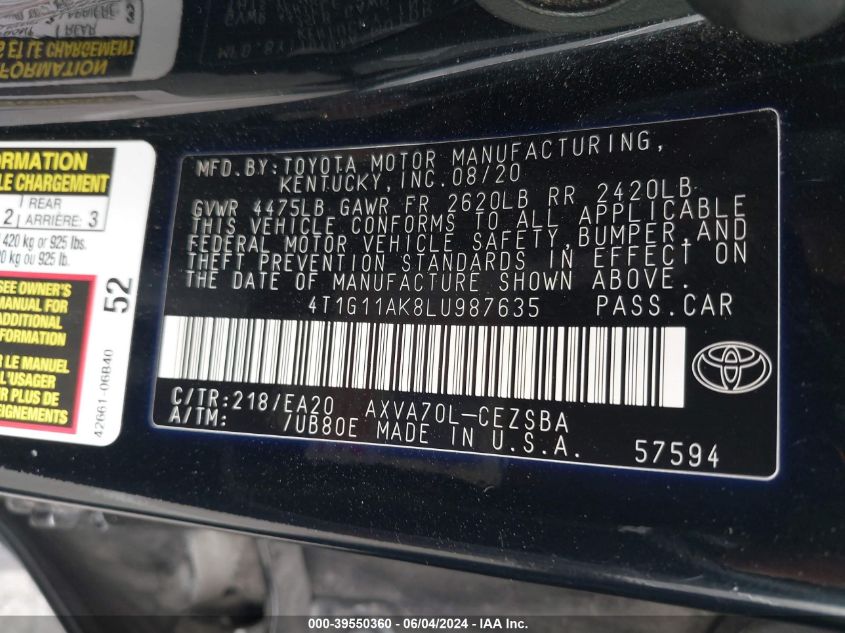 VIN 4T1G11AK8LU987635 2020 TOYOTA CAMRY SE