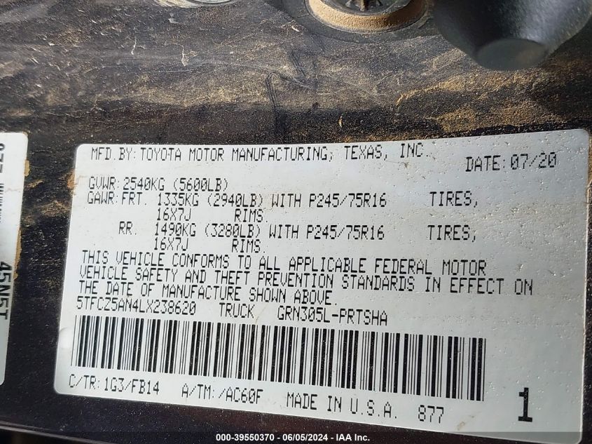 2020 Toyota Tacoma Sr V6 VIN: 5TFCZ5AN4LX238620 Lot: 39550370