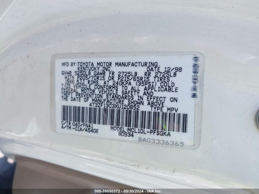 1999 Toyota Sienna Le VIN: 4T3ZF13C3XU120852 Lot: 39550372